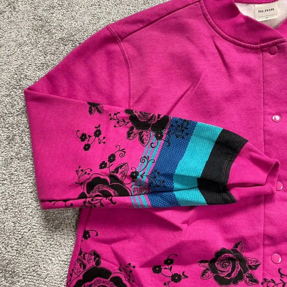 Blair Jacket Womens Medium Pink Snap Button Soft Mid Length Pockets Floral